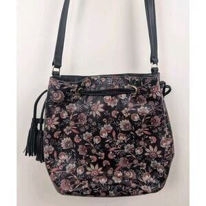 Talbots Leather Purse Navy Blue Pink Flowers Floral Bucket Bag 12x9x7" (20)